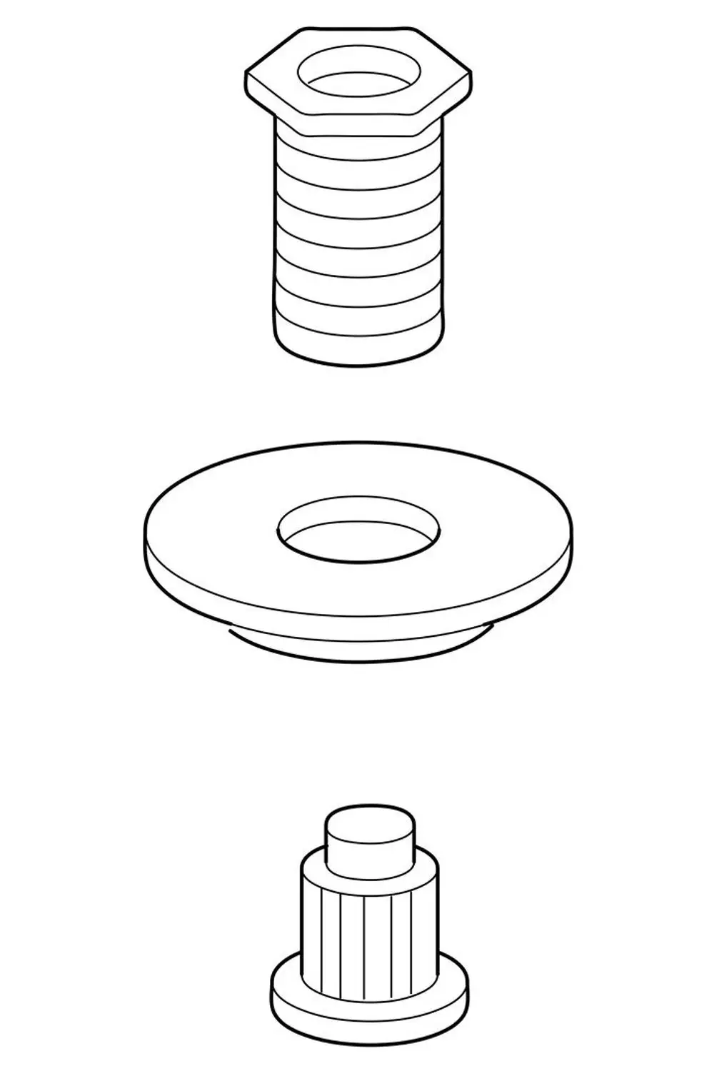 Drei Teile eines Adapters von HANSA: ein gewindeloser Zylinder mit sechseckigem Kopf, eine runde Unterlegscheibe und ein kürzerer zylindrischer Abschnitt mit Rillen.